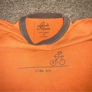 Life Is Good Good Karma mens “ride on” Small Orange Tshirt Organic Cotton